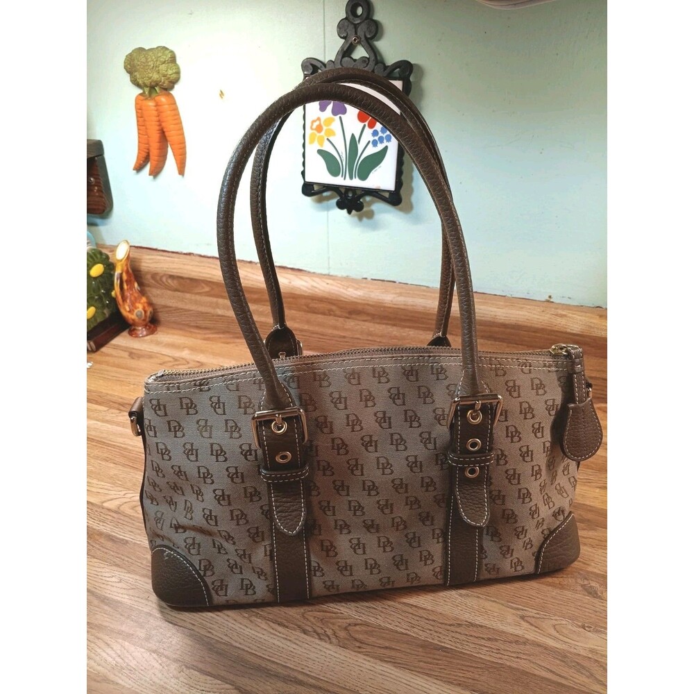 VTG Dooney & Bourke Signature Brown Canvas w/Leather Trim Domed Satchel Bag